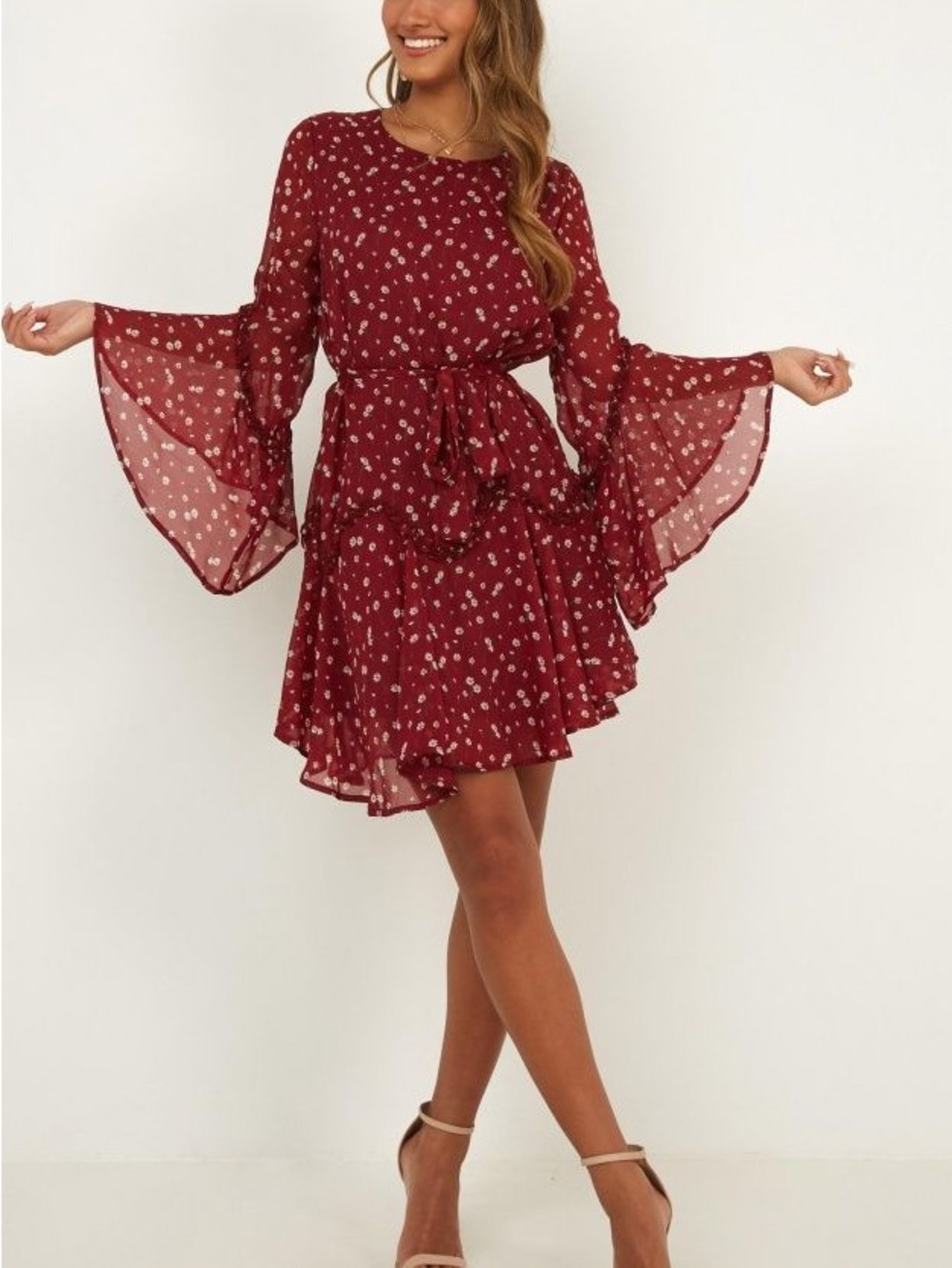 Showpo Wine Red Floral Bell-Sleeve Tiered Mini Dress